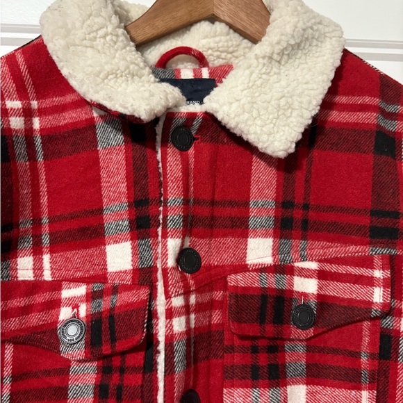 Lucky Brand Red Plaid Button Up Sherpa Fleece Lined Shirt Jacket Medium - Picture 7 of 13